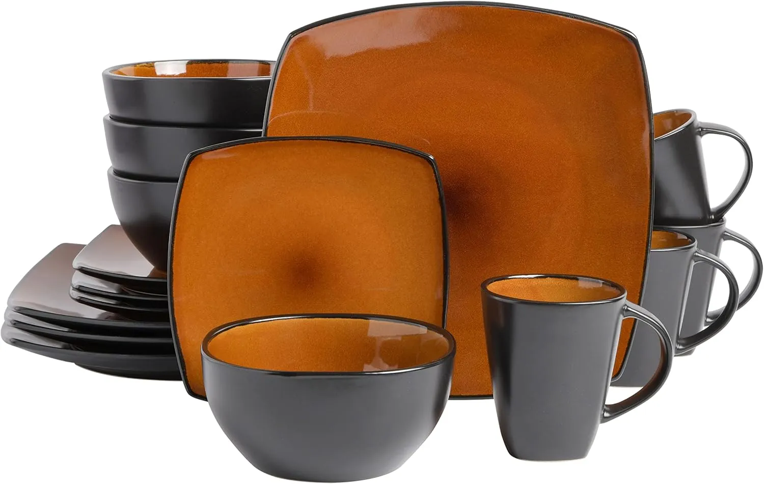 Gibson Soho Lounge Square Reactive Glaze Stoneware Dinnerware Set, Service for 4 (16pc), Amber
