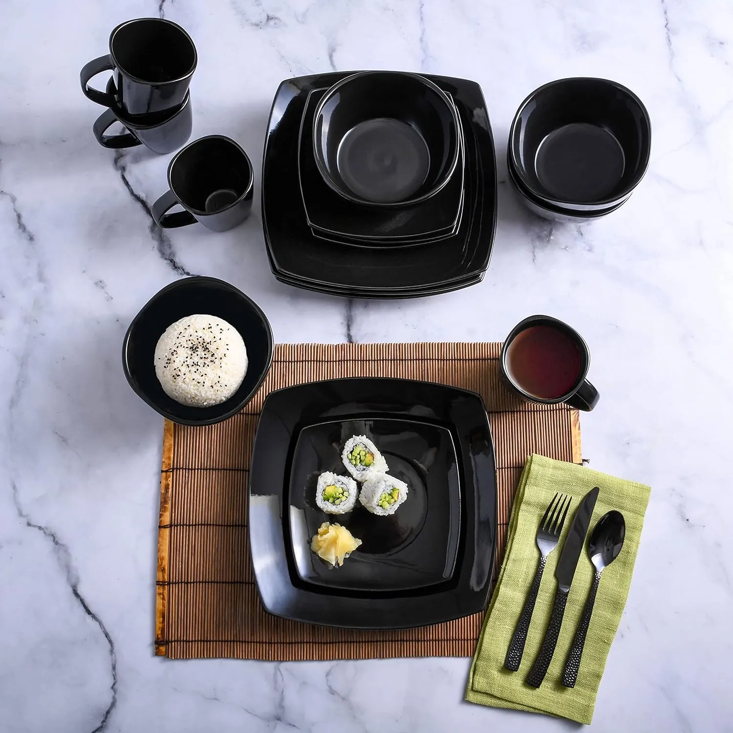 Gibson Soho Lounge Square Reactive Glaze Stoneware Dinnerware Set, Service for 4 (16pc), Black