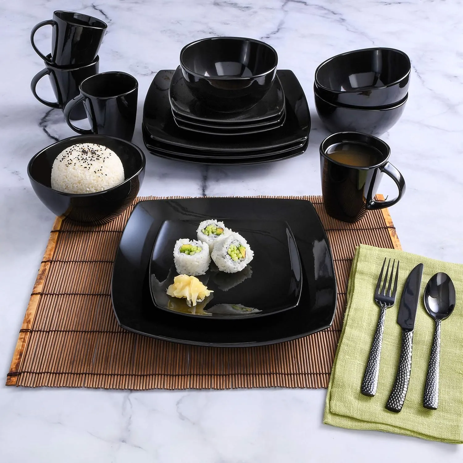 Gibson Soho Lounge Square Reactive Glaze Stoneware Dinnerware Set, Service for 4 (16pc), Black