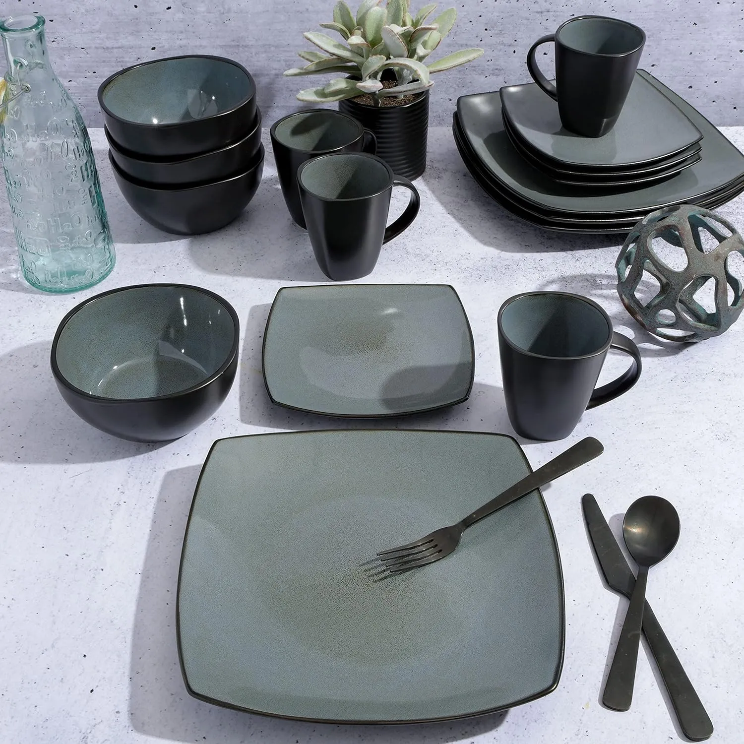 Gibson Soho Lounge Square Reactive Glaze Stoneware Dinnerware Set, Service for 4 (16pc), Eclipse