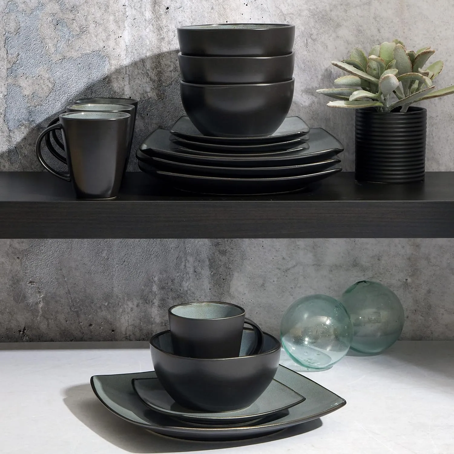 Gibson Soho Lounge Square Reactive Glaze Stoneware Dinnerware Set, Service for 4 (16pc), Eclipse