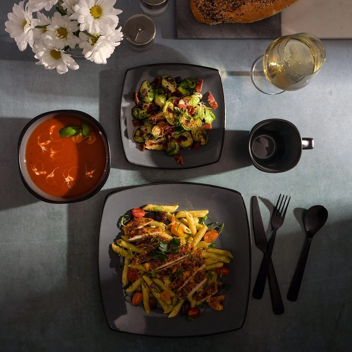 Gibson Soho Lounge Square Reactive Glaze Stoneware Dinnerware Set, Service for 4 (16pc), Eclipse