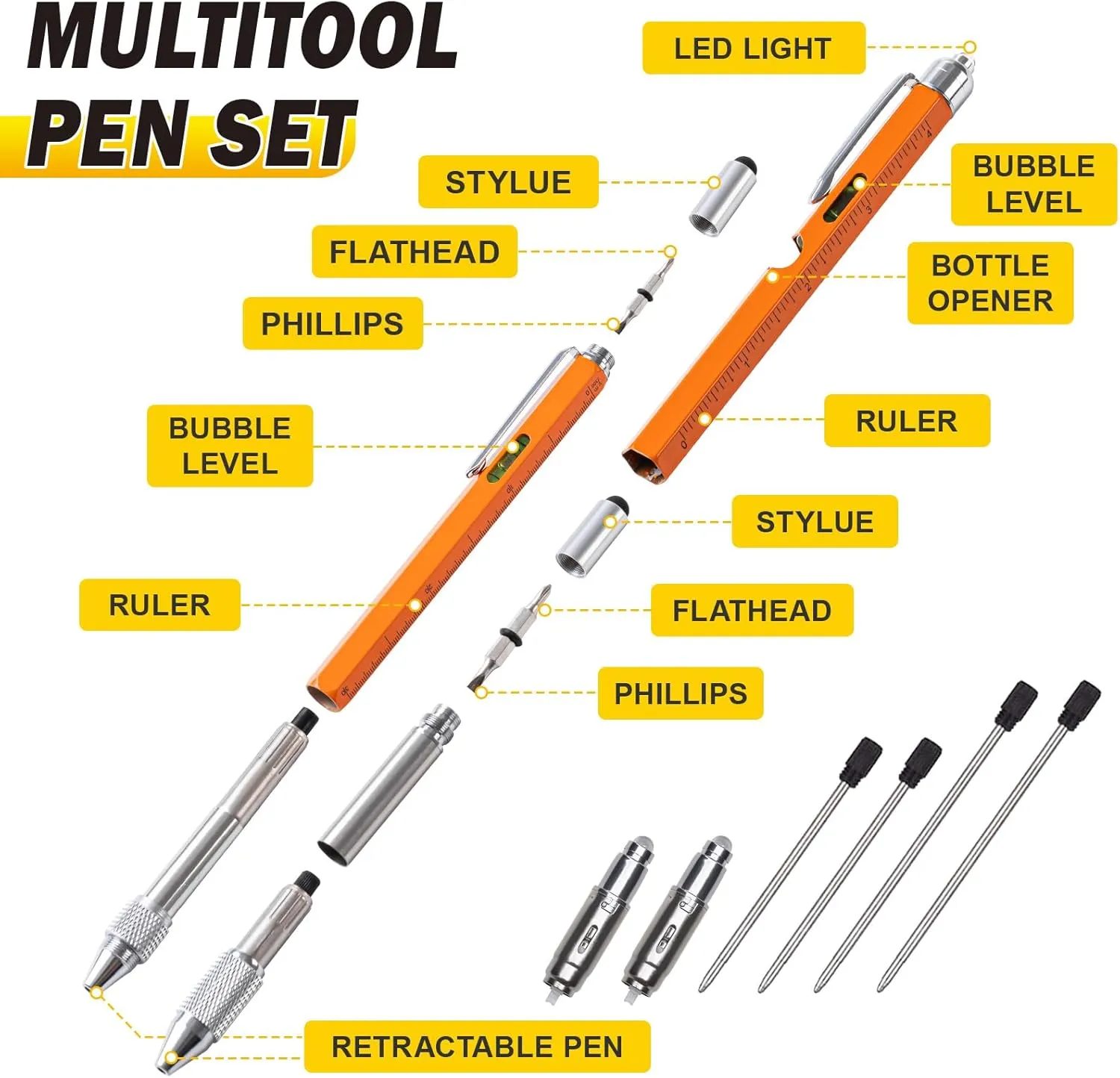 Gifts for Him, Dad, Husband, 11 in 1 Multitool Pen with LED Light, Ruler, Level, Screwdriver, Stylus, Flathead, Fathers Day Dad Gifts from Daughter Wife Son, Cool Birthday Gadgets for Men, Orange