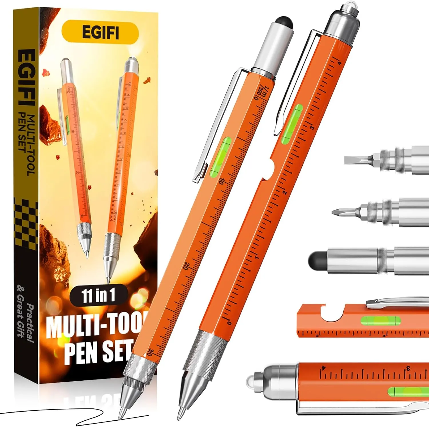 Gifts for Him, Dad, Husband, 11 in 1 Multitool Pen with LED Light, Ruler, Level, Screwdriver, Stylus, Flathead, Fathers Day Dad Gifts from Daughter Wife Son, Cool Birthday Gadgets for Men, Orange
