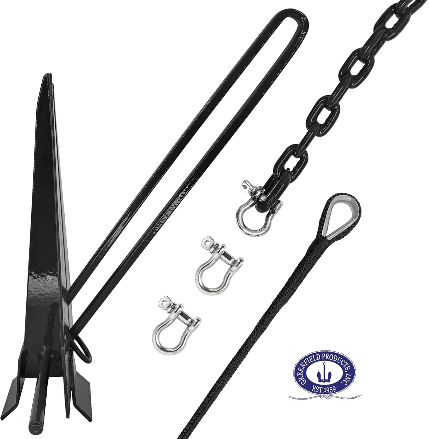 Greenfield Complete Fluke Anchor Kit  American-Made, Includes Chain, 100ft Rope & Shackles | Sizes for Boats up to 16' & 24'