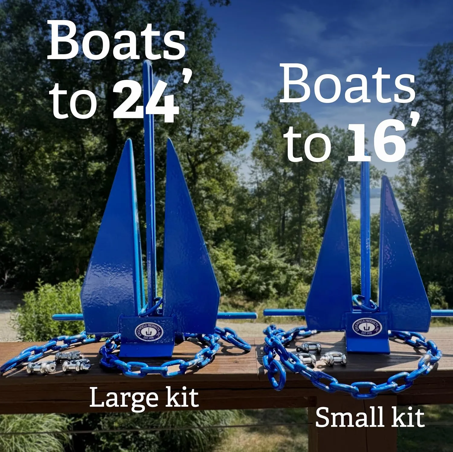 Greenfield Complete Fluke Anchor Kit  American-Made, Includes Chain, 100ft Rope & Shackles | Sizes for Boats up to 16' & 24'