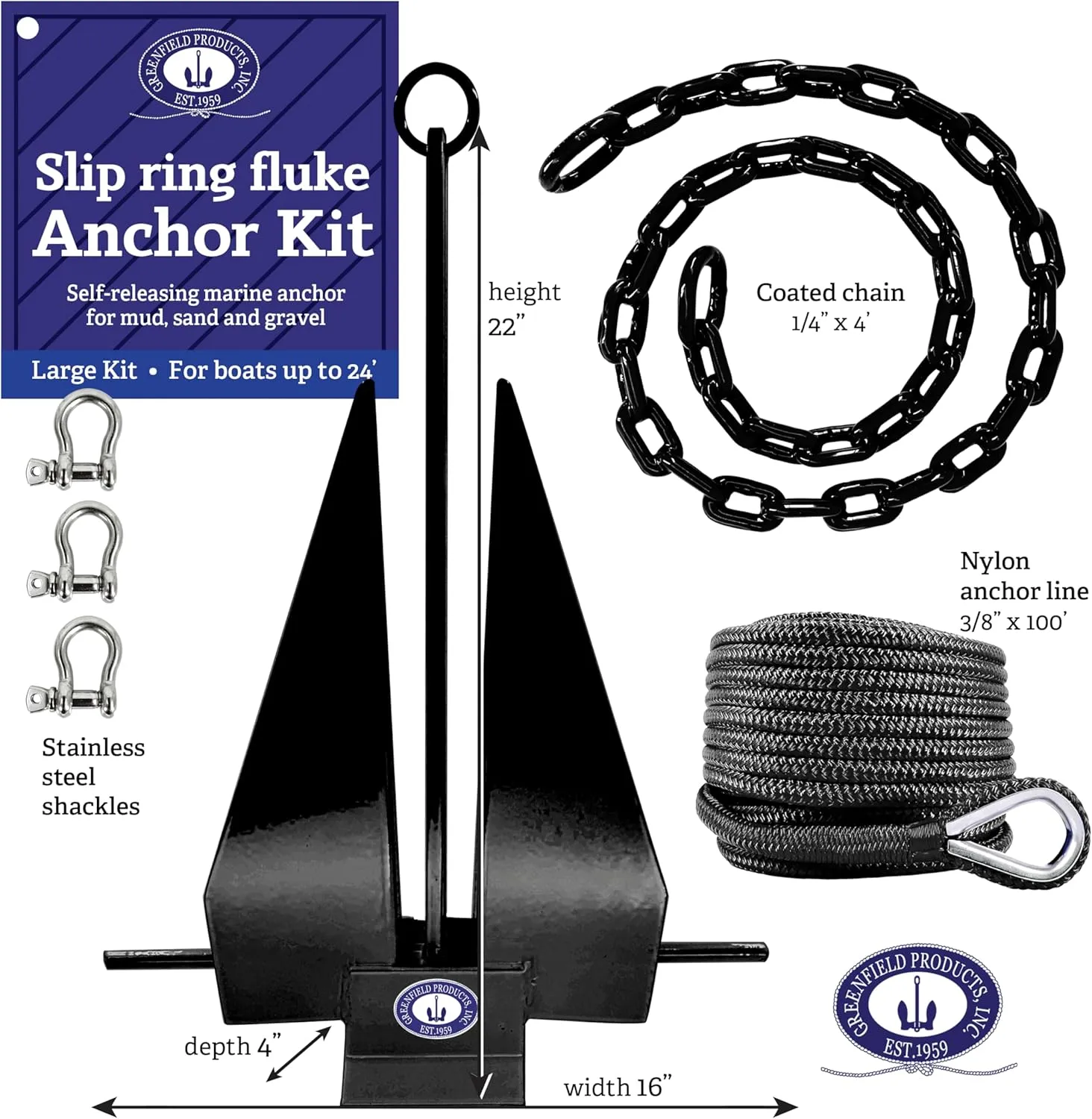 Greenfield Complete Fluke Anchor Kit  American-Made, Includes Chain, 100ft Rope & Shackles | Sizes for Boats up to 16' & 24'