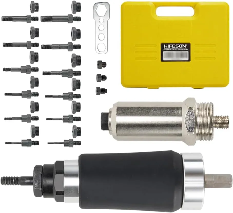 HIFESON Rivet Nut Tool, Electric Drill Adapter Rivet & Rivet nut Two Functions Rivnut Tool Kit,Including 12 Rivet Nut Mandrels and 4 Rivet Heads