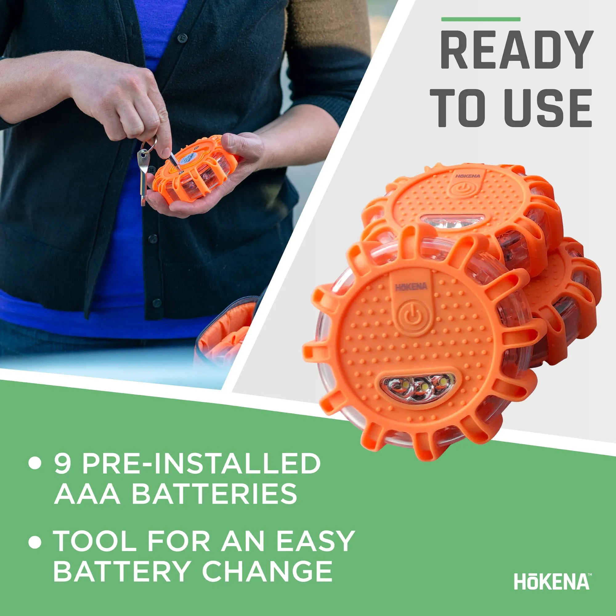 HOKENA LED Road Flares 9 Piece Set, Emergency Lights Complete Car Safety Kit, Roadside Warning Flare Beacon Disc for Vehicle & Boat with Magnetic Base, with Batteries, Seatbelt Cutter & Window Breaker