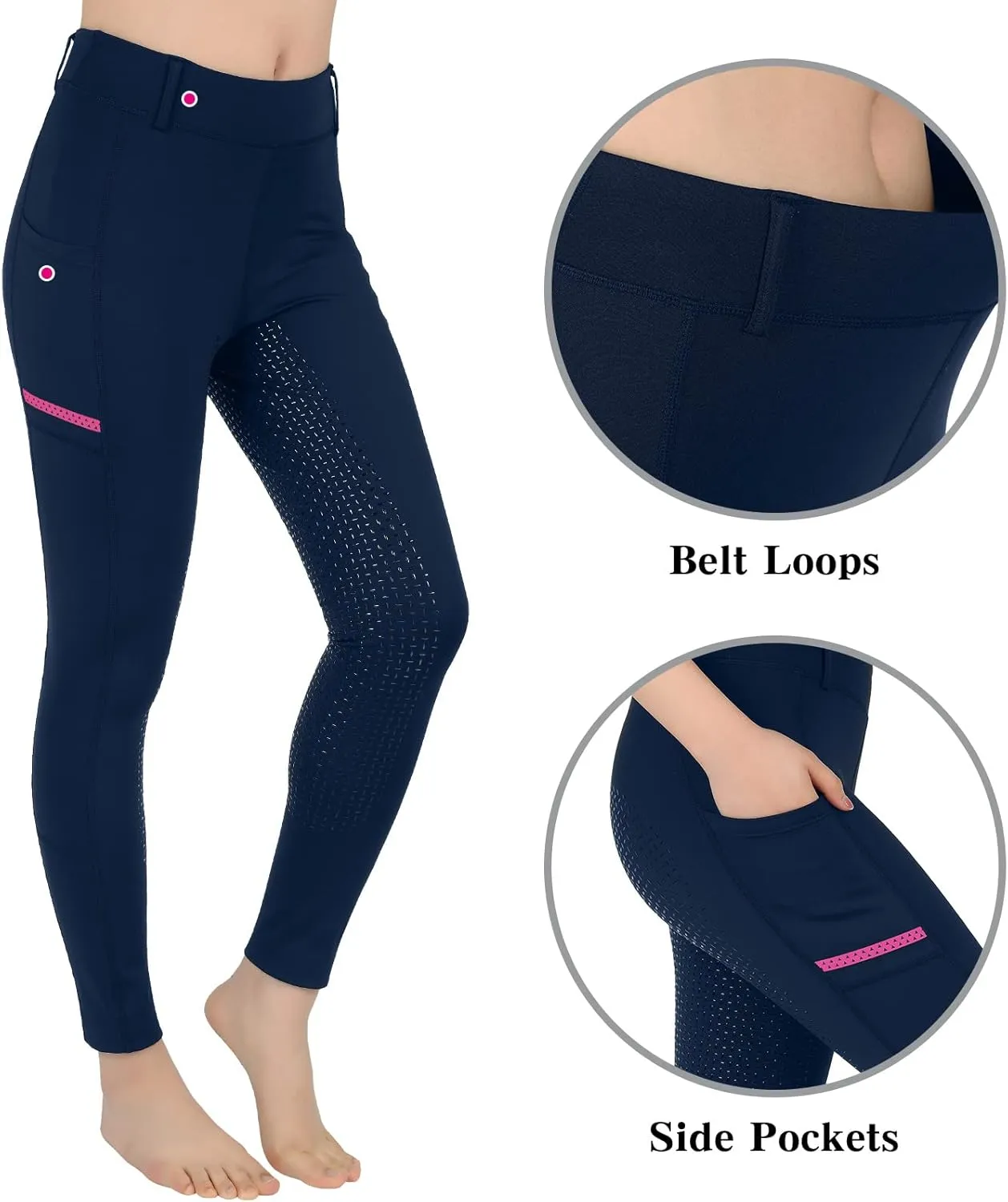 Horse Riding Pants Equestrian Girls Full Seat Silicone Breeches Kids Pull-On Horseback Riding Tights Pockets