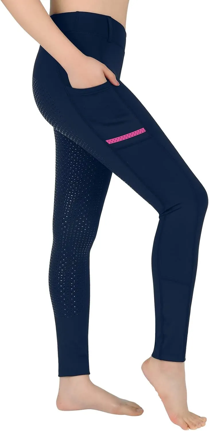 Horse Riding Pants Equestrian Girls Full Seat Silicone Breeches Kids Pull-On Horseback Riding Tights Pockets