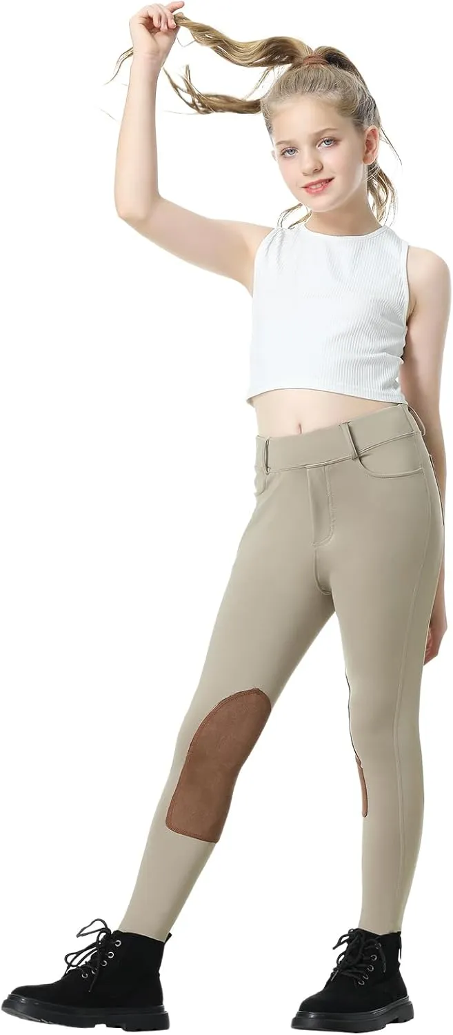 Horse Riding Pants Equestrian Girls Full Seat Silicone Breeches Kids Pull-On Horseback Riding Tights Pockets