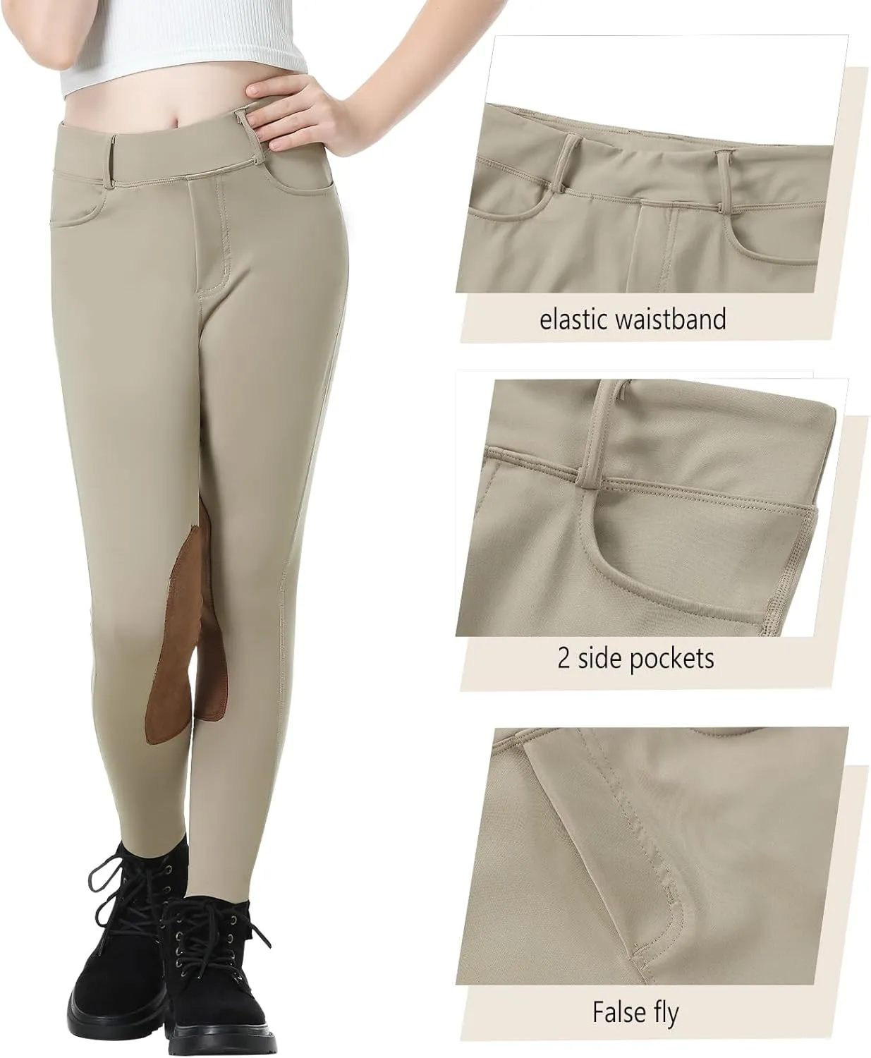 Horse Riding Pants Equestrian Girls Full Seat Silicone Breeches Kids Pull-On Horseback Riding Tights Pockets