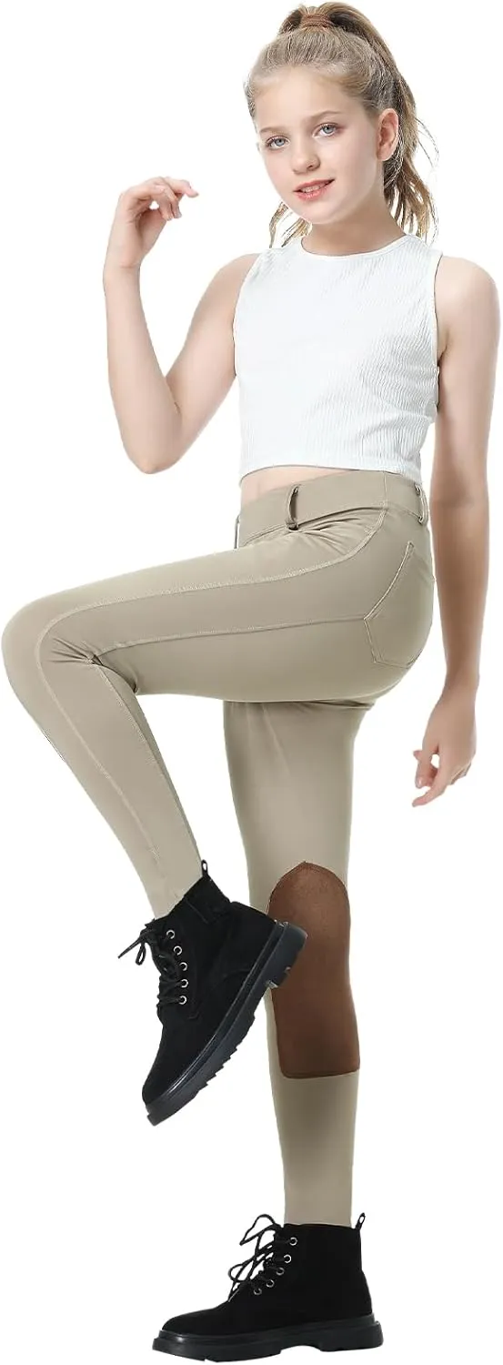 Horse Riding Pants Equestrian Girls Full Seat Silicone Breeches Kids Pull-On Horseback Riding Tights Pockets