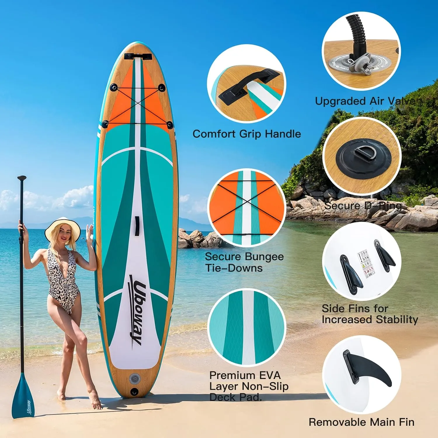 Inflatable Stand Up Paddle Board: Uboway Inflatable Kayak Paddle Board with Premium SUP Accessories, Non-Slip Comfort Deck with Backpack, Bonus Dry Bag & Hand Pump, Sup Board for Yoga Fishing Surf
