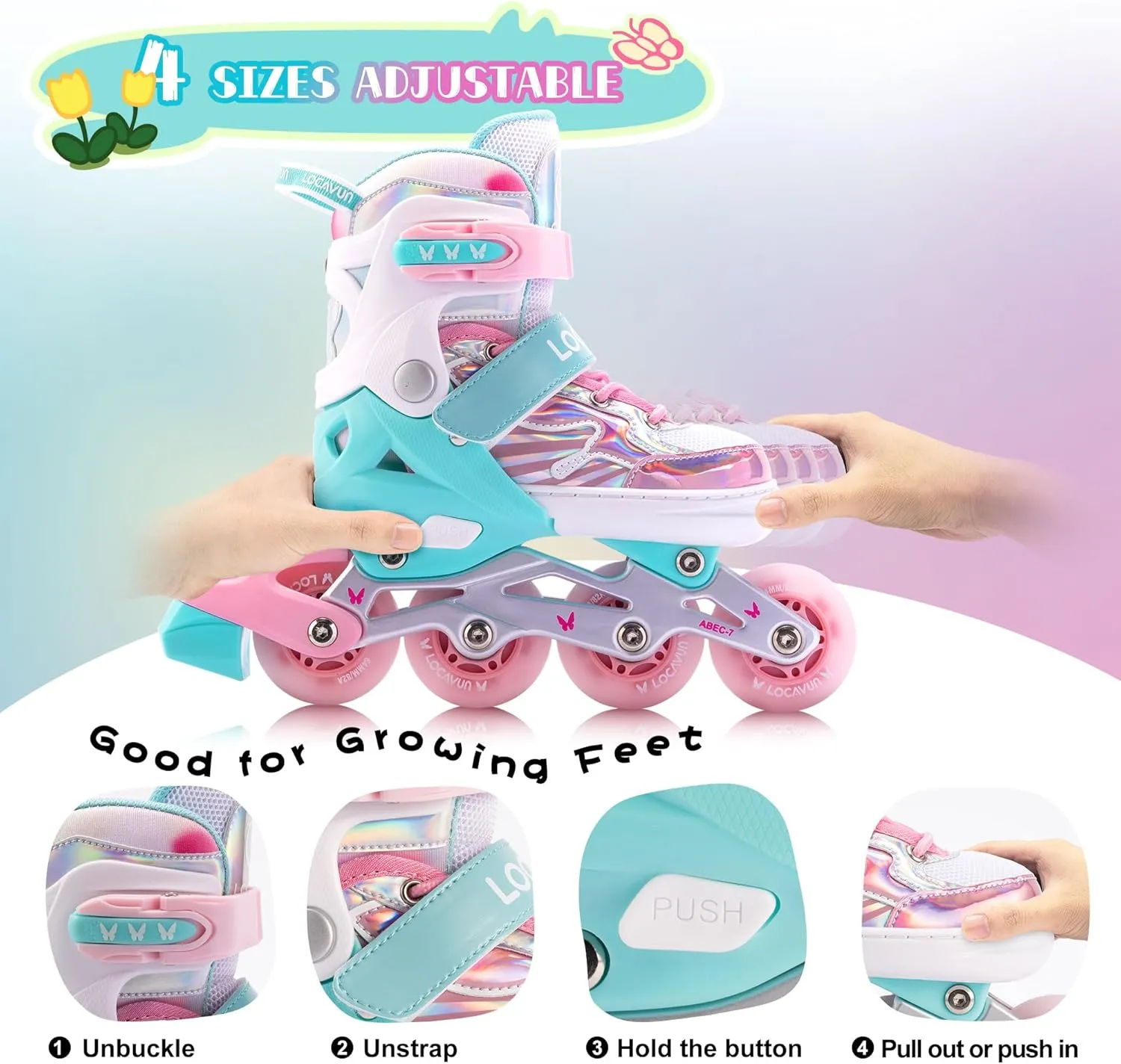 Inline Skates for Girls and Kids, Roller Skates Blades with 4 Size Adjustable Light up Wheels for Kids Girls Beginner Ages 4-8 5-8 6-12 8-12 Indoor Outdoor