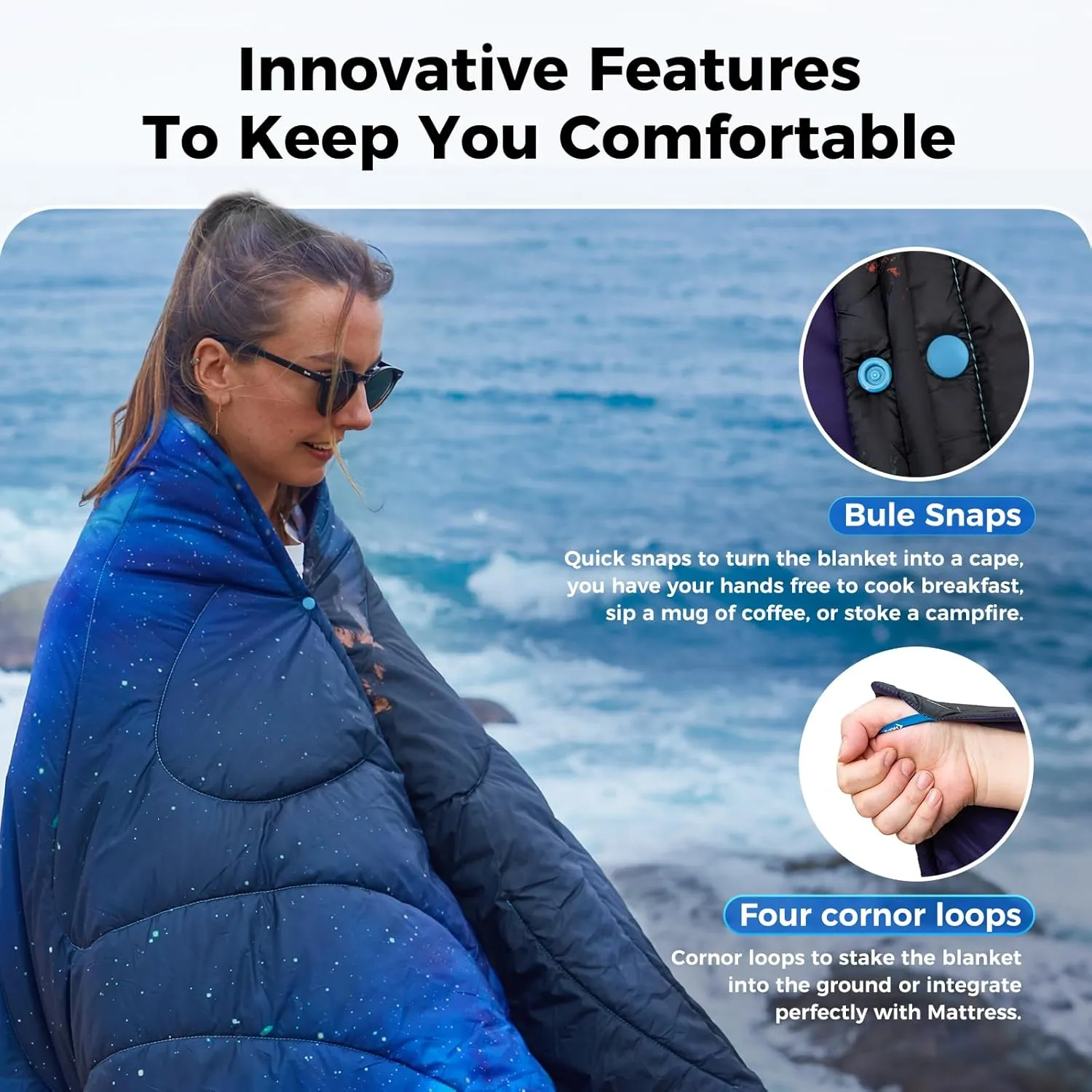 KingCamp Ultralight Camping Blanket, Packable Down Alternative Puffy Printed Wearable Blanket with Snap Buttons & Corner Loops Weatherproof Quilt for Outdoor Travel Stadium (79"L x 57"W, STARRYSKY)