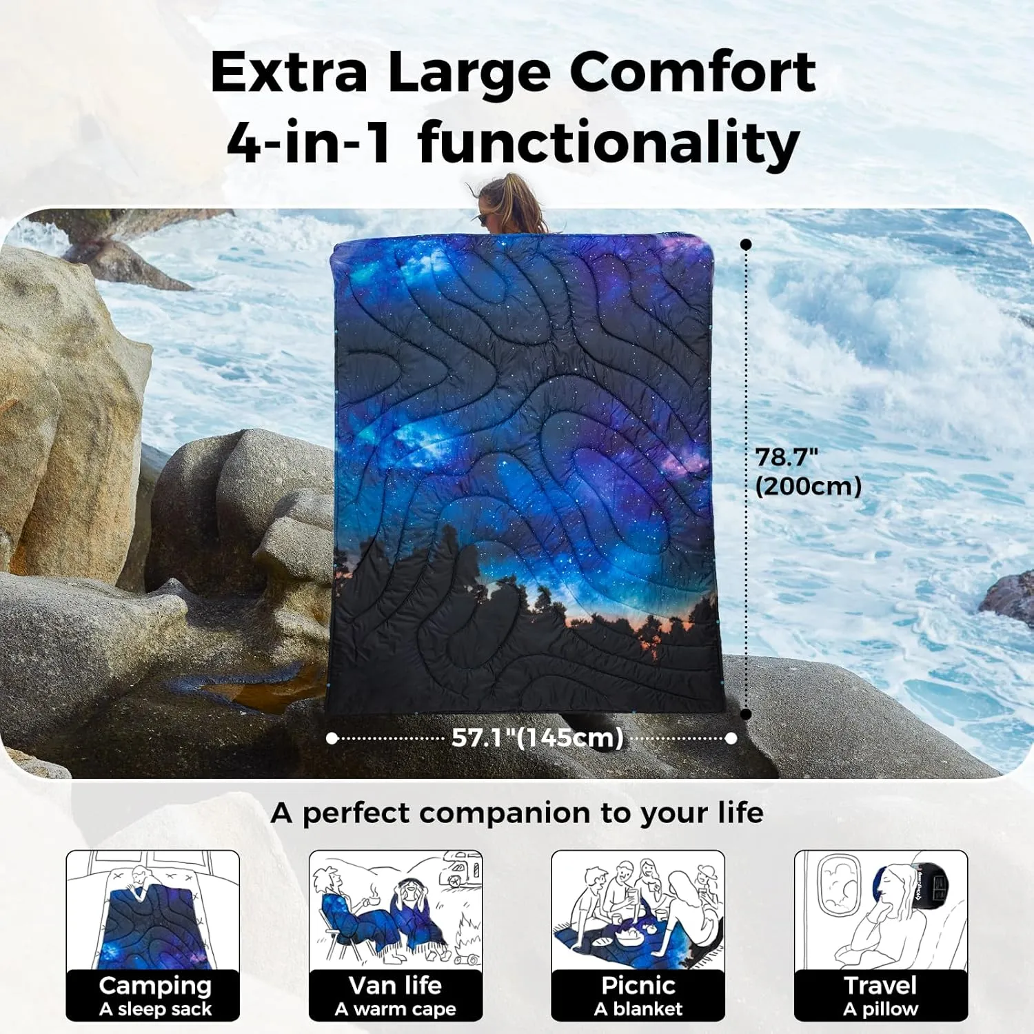KingCamp Ultralight Camping Blanket, Packable Down Alternative Puffy Printed Wearable Blanket with Snap Buttons & Corner Loops Weatherproof Quilt for Outdoor Travel Stadium (79"L x 57"W, STARRYSKY)