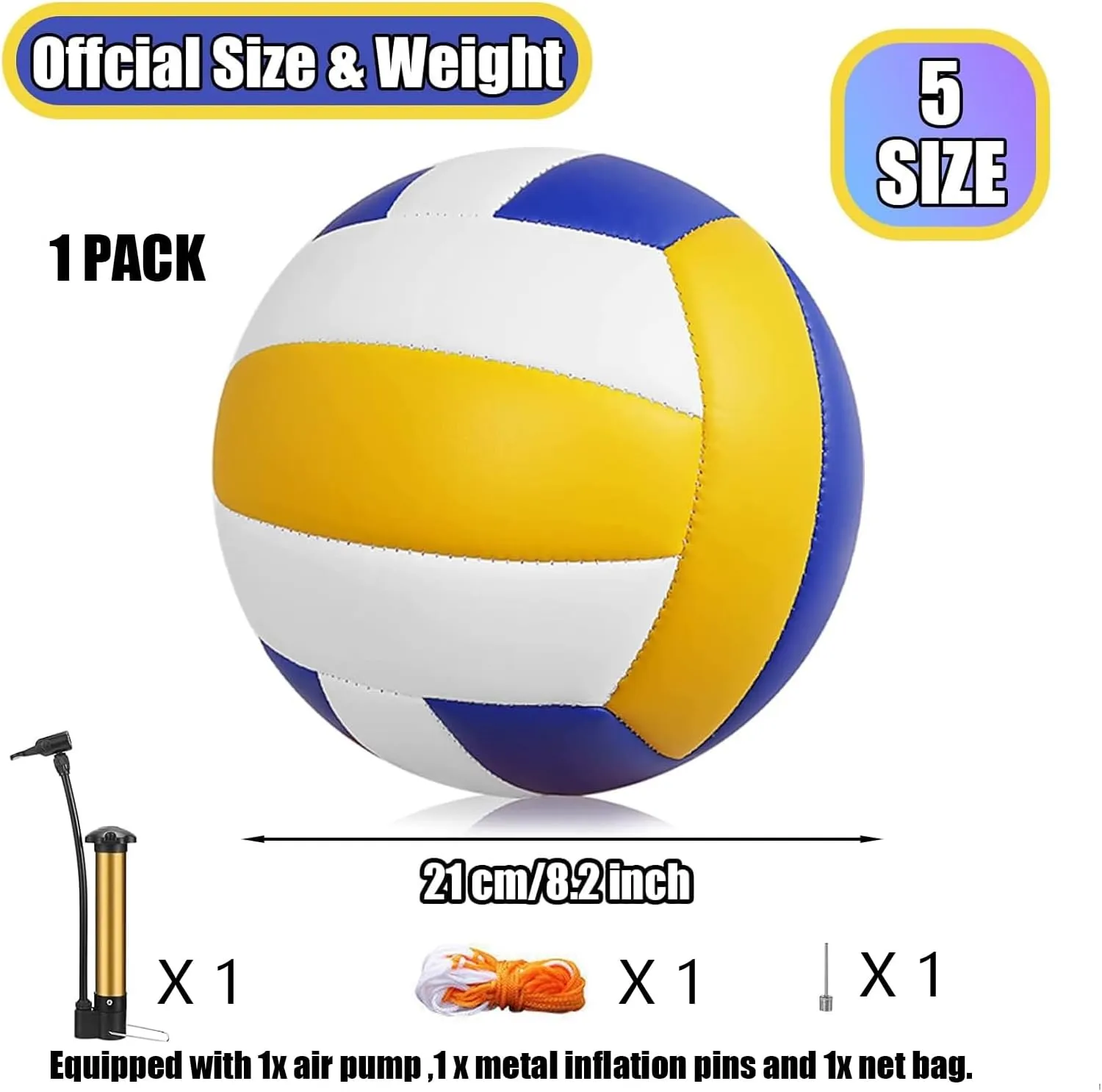 Magicorange Volleyball, 1 Pack Official Size 5 Volleyballs- PU Leather Indoor Outdoor Soft Touch Volleyballs for Beach Play, Game,Gym,Training -Includes Ball Pump