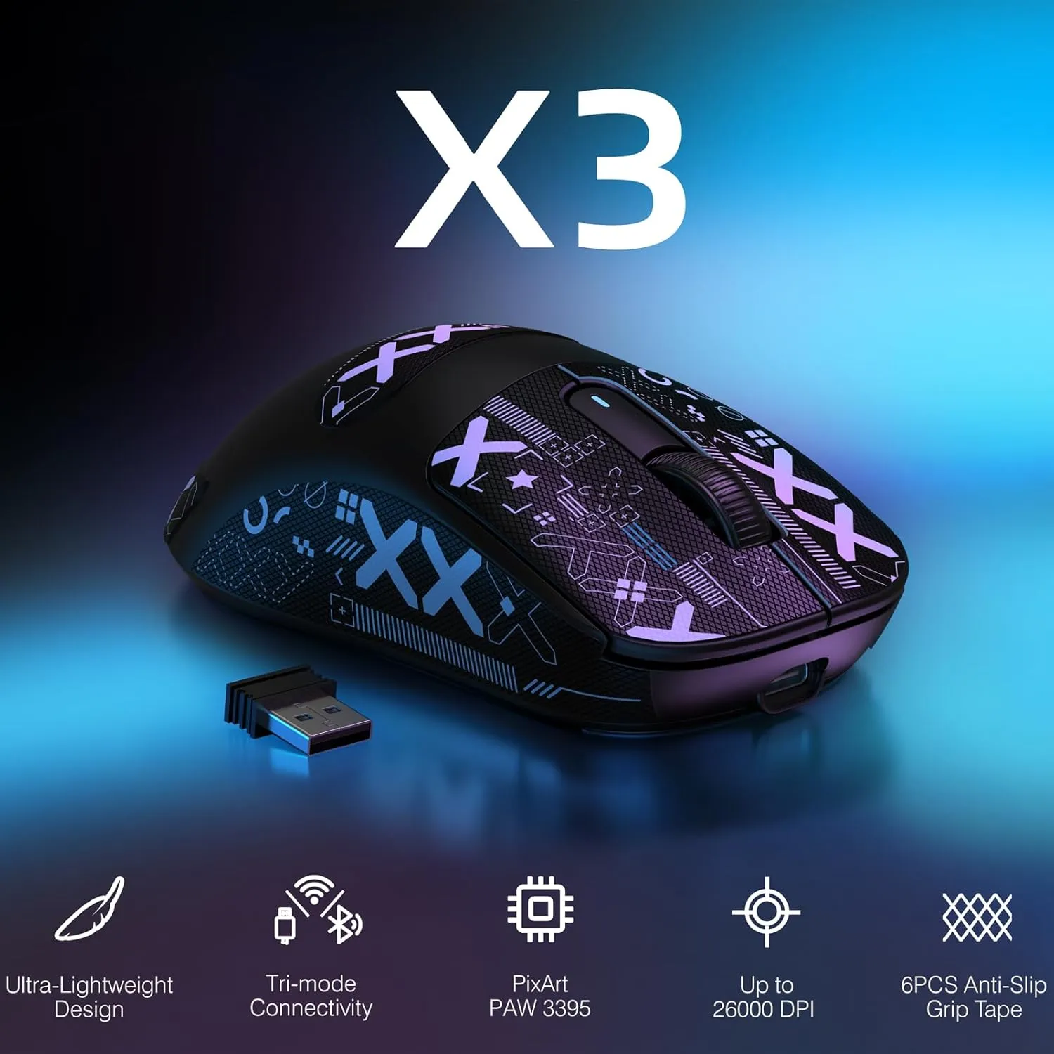 MANBASNAKE Attack Shark X3 Wireless Gaming Mouse, 49g Lightweight Triple Mode Ergonomic Computer Mouse, PAW3395 26K DPI Sensor, 200h Battery Life, Griptape Programmable Buttons for PC/Laptop/Mac/Win
