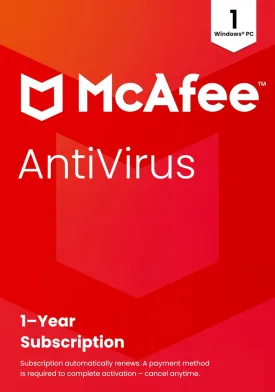 McAfee AntiVirus 2025 | 1-Year Subscription with Auto-Renewal | Real-Time PC Protection from New and Evolving Threats | Key Card