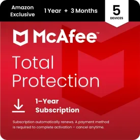 McAfee Total Protection 5-Device 2025 |15 Month Subscription with Auto-Renewal | Security Software Includes Antivirus, Secure VPN, Scam Protection, Identity Monitoring | Download