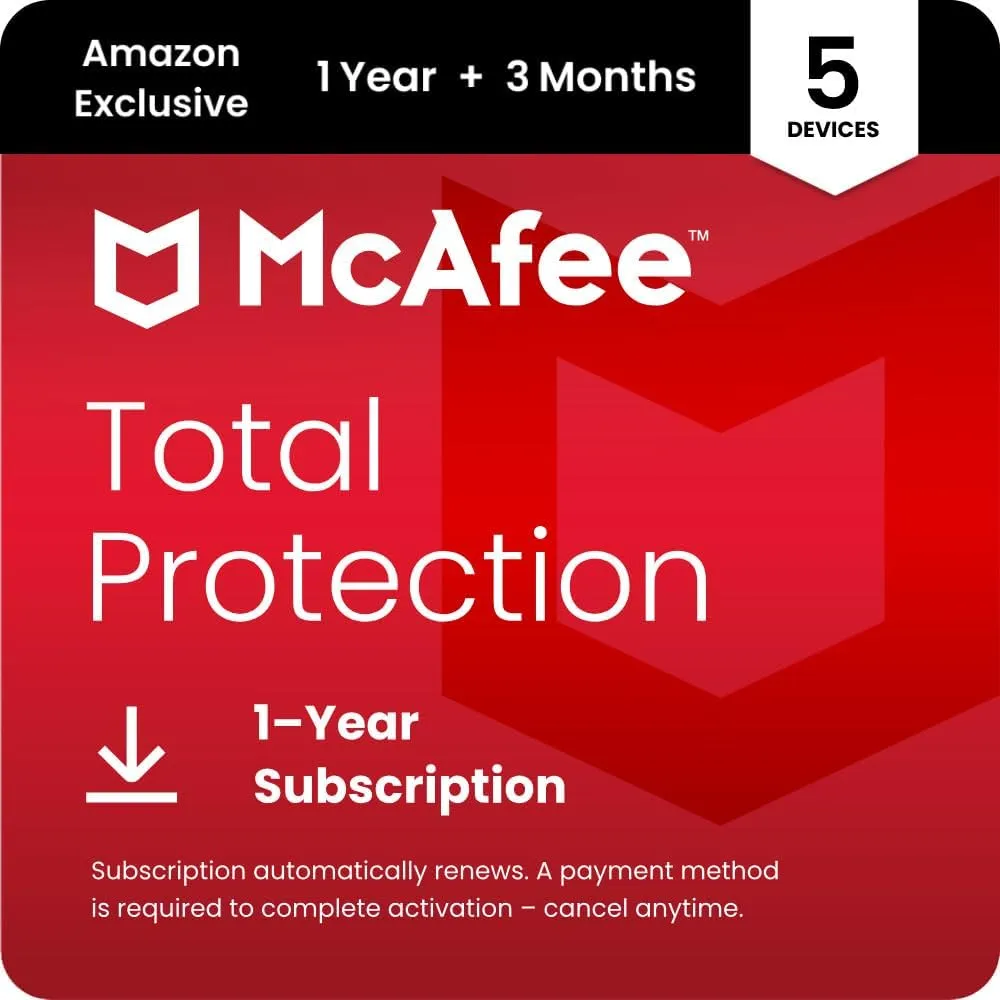 McAfee Total Protection 5-Device 2025 |15 Month Subscription with Auto-Renewal | Security Software Includes Antivirus, Secure VPN, Scam Protection, Identity Monitoring | Download
