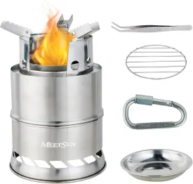 MEETSUN Portable Mini Wood Burning Stove with Grill,Camping Stove Lightweight,Foldable Stainless Steel Backpacking Camping Stove,Solid Alcohol Survival Stove for Camping Hiking Emergency Outdoor
