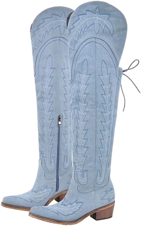 MissHeel Over the Knee Cowboy Boots for Women Adjustable Thigh High Cowgirl Boots