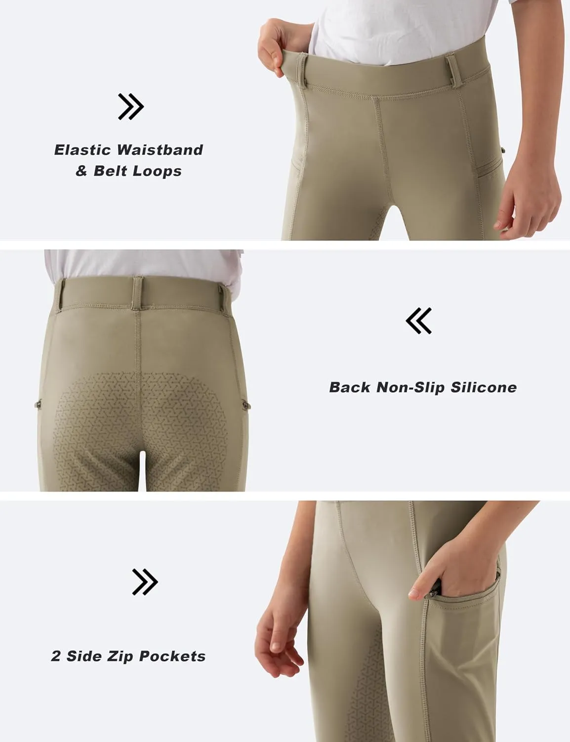 MoFiz Girls Horse Riding Pants Summer Full Seat Silicone Kids Equestrian Breeches Youth Schooling Tights Zipper Pockets