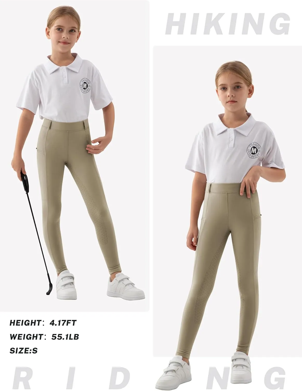 MoFiz Girls Horse Riding Pants Summer Full Seat Silicone Kids Equestrian Breeches Youth Schooling Tights Zipper Pockets