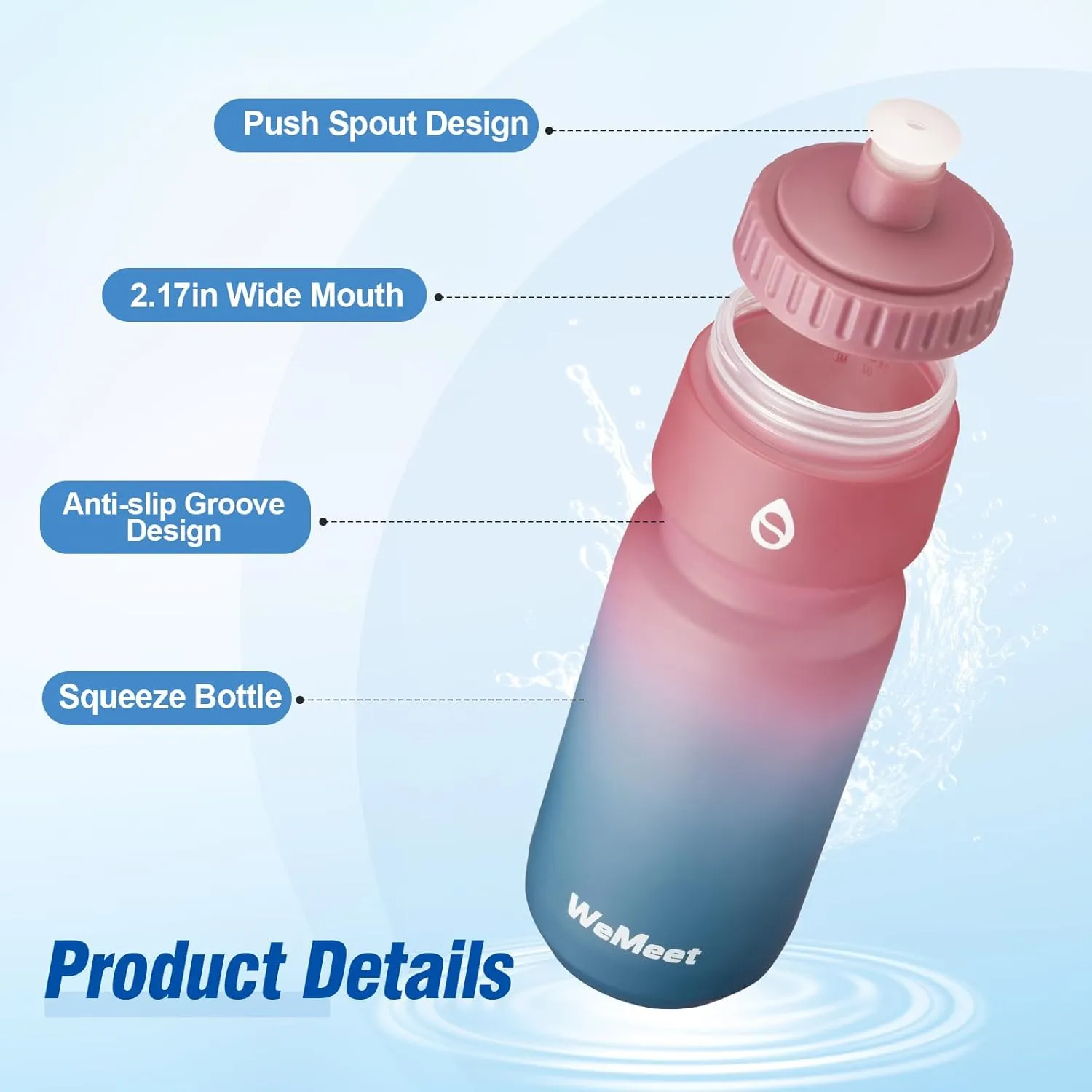 Mountain Bike Water Bottle 2-Pack, Sport Squeeze Bottle with Capacity Scale, LeakProof, BPA Free, for Cycling, Gym, Outdoors (Black & Red Blue, 24oz)