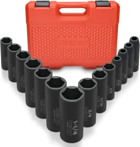 NEIKO 02476A 1/2" Impact Socket Set, 14 Piece 6 Point Impact Set, Standard Impact Socket Set, SAE Sizes (3/8-Inch to 1-1/14") Cr-V Steel, Deep Socket Set 1/2 Drive