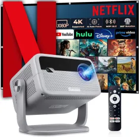 Netflix Officially Licensed & Auto Image Set-upSmart Projector with WiFi and Bluetooth,600 ANSI Native 1080P Voice Control Outdoor Mini Projector, 360 Rotation 4K Support Home Projector