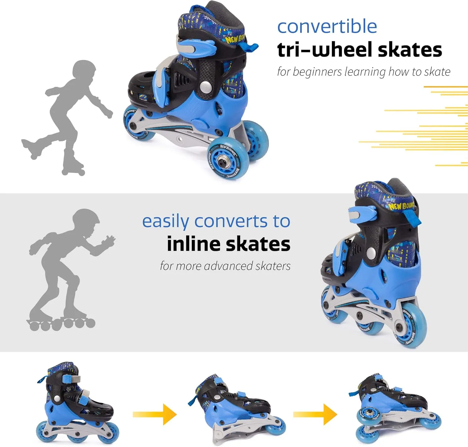 New Bounce Roller Skates for Little Kids - Shoe Size EU 28-31, US Kids Junior Size 8-11, 2-in-1 Roller Skates for Girls, Converts from Tri-Wheel to Inline Skates - Rollerskates for Beginner