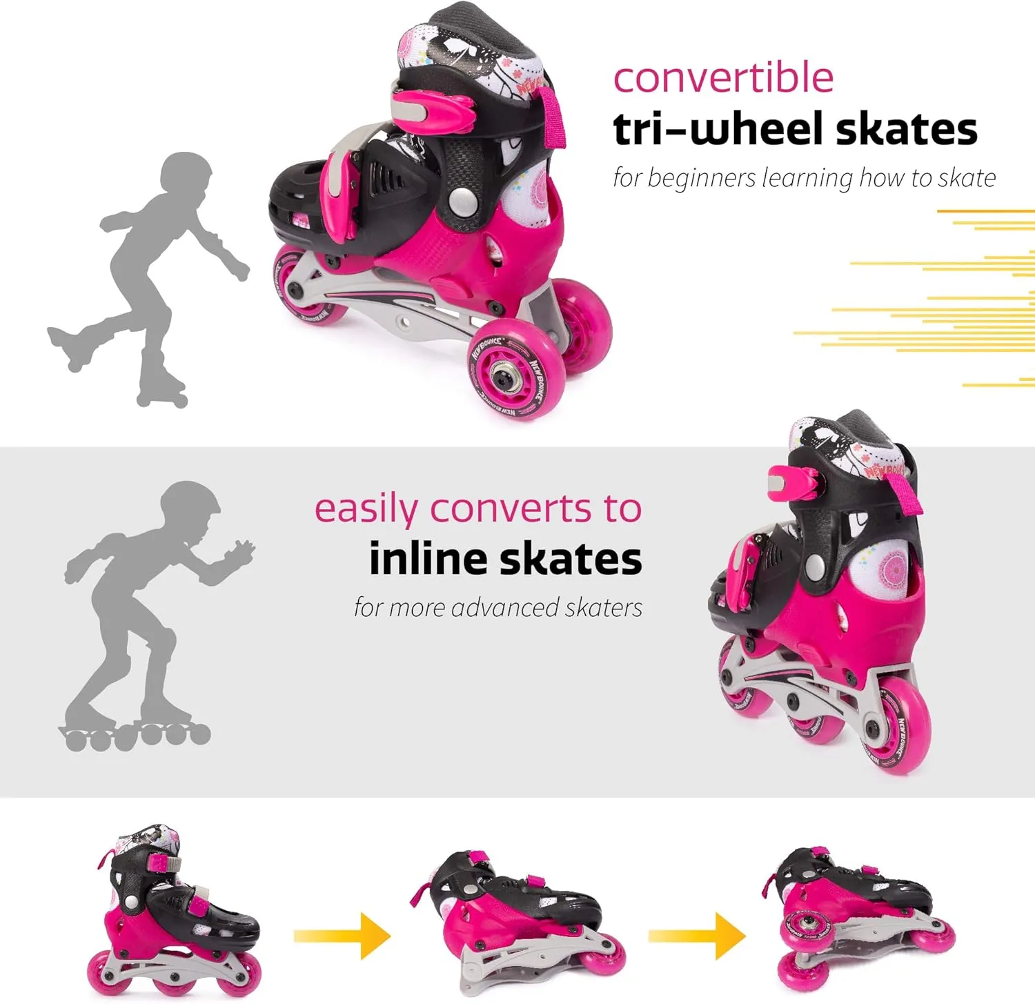 New Bounce Roller Skates for Little Kids - Shoe Size EU 28-31, US Kids Junior Size 8-11, 2-in-1 Roller Skates for Girls, Converts from Tri-Wheel to Inline Skates - Rollerskates for Beginner