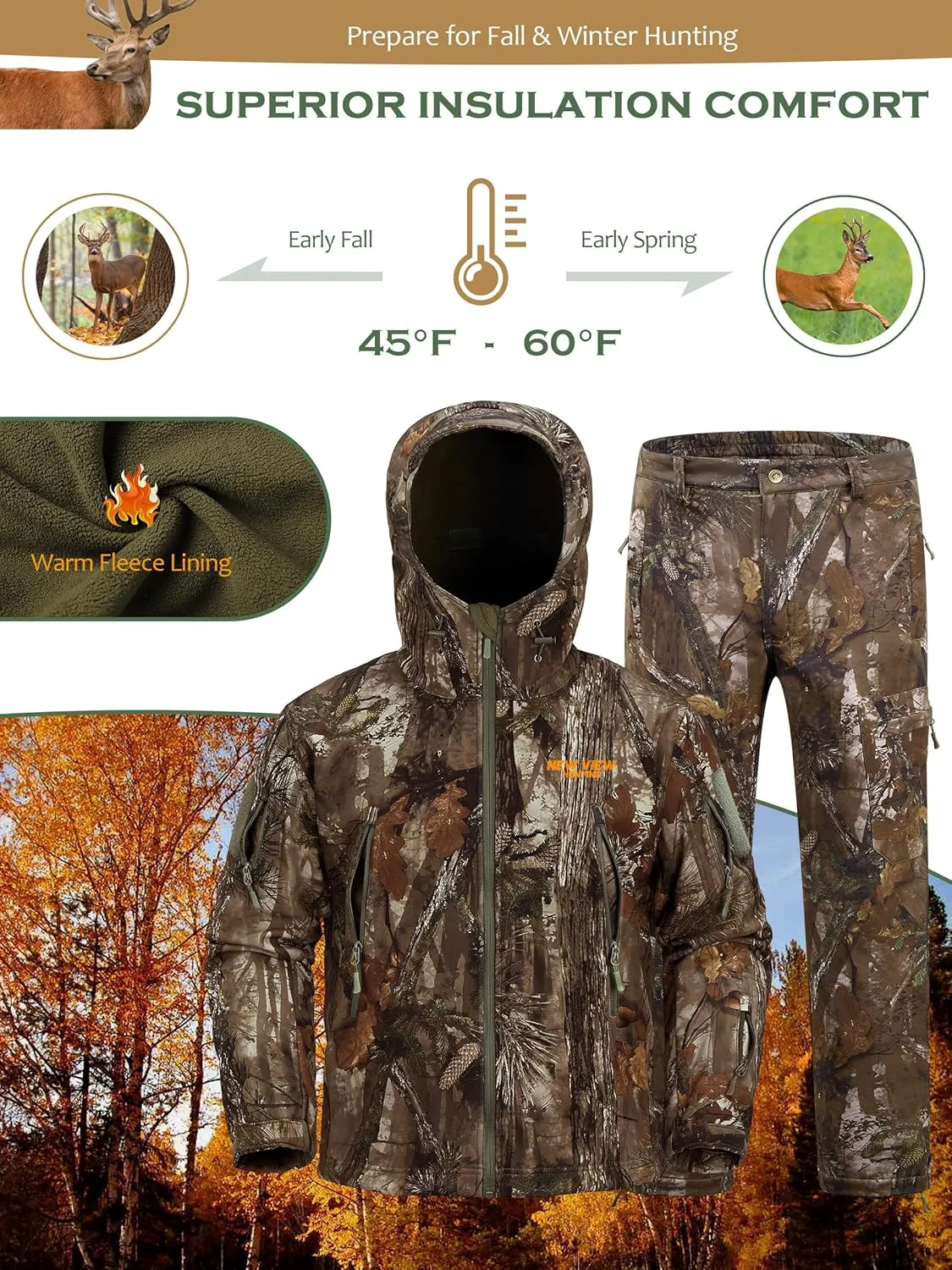NEW VIEW Camo Hunting Clothes for Men,Quiet Warm Hunting Jacket and Pants,Water Resistant Hunting Suit for Deer Duck Bow Hunt