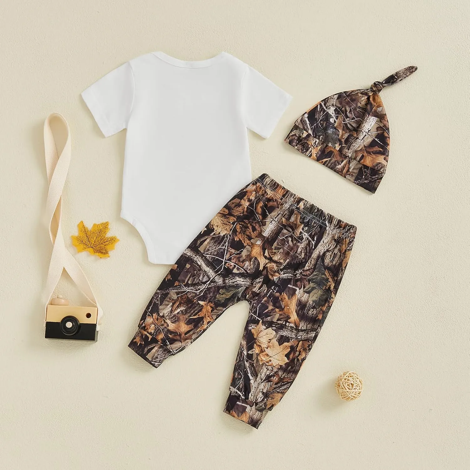 Newborn Baby Boy Hunting Clothes Deer Short Sleeve Romper Bodysuit Camouflage Pants Hat Set 3Pcs Summer Outfits