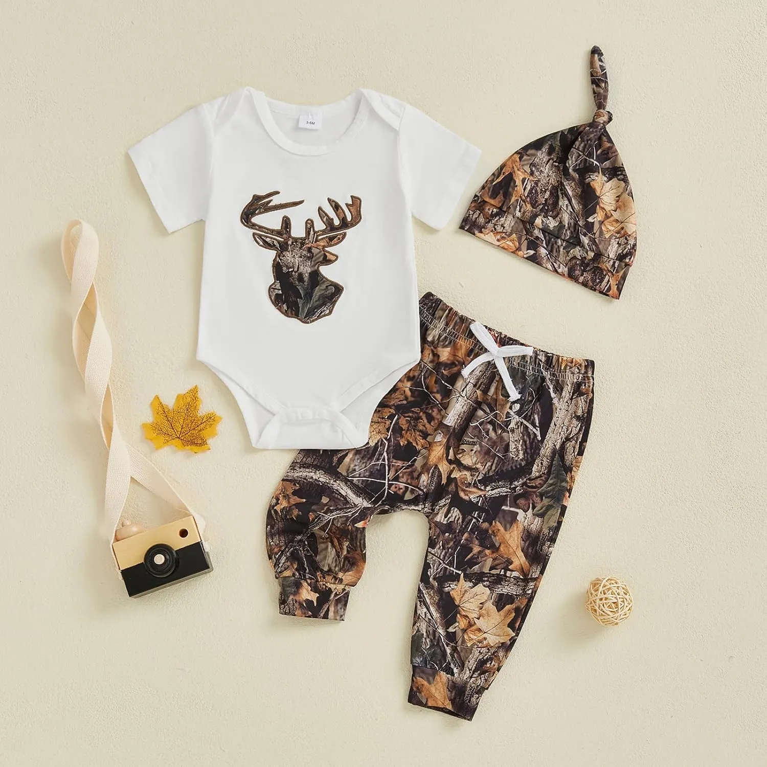 Newborn Baby Boy Hunting Clothes Deer Short Sleeve Romper Bodysuit Camouflage Pants Hat Set 3Pcs Summer Outfits