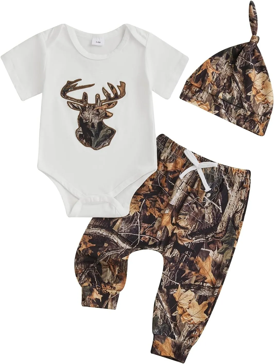 Newborn Baby Boy Hunting Clothes Deer Short Sleeve Romper Bodysuit Camouflage Pants Hat Set 3Pcs Summer Outfits