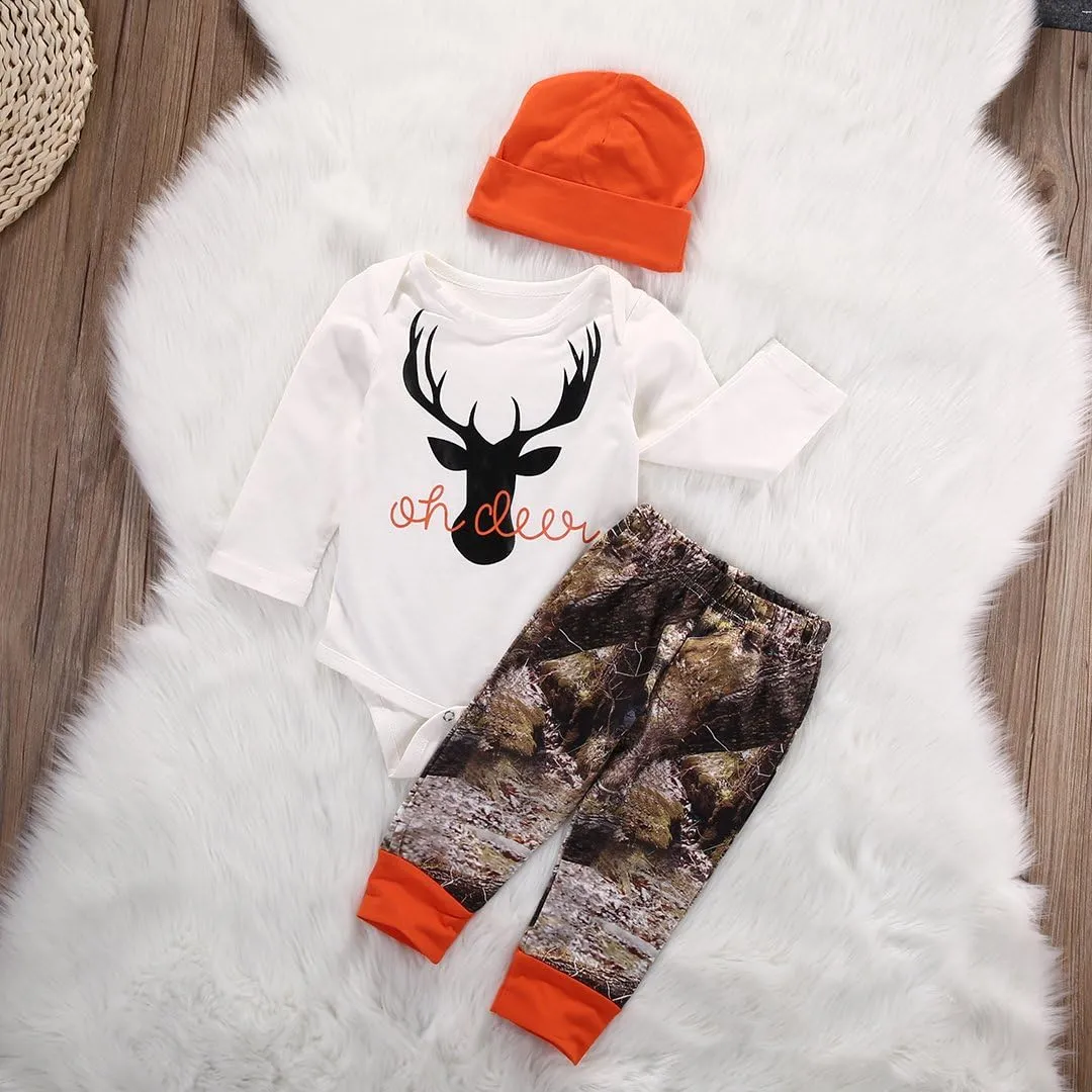 Newborn Baby Boys Long Sleeve Letters Deer Romper Bodysuit Tops Camo Pants with Hat 3 Pcs Outfit Clothes Set