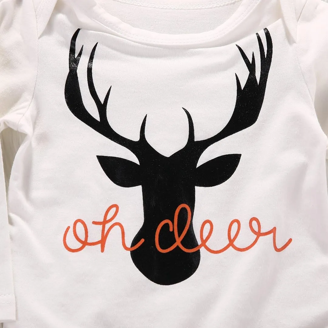 Newborn Baby Boys Long Sleeve Letters Deer Romper Bodysuit Tops Camo Pants with Hat 3 Pcs Outfit Clothes Set