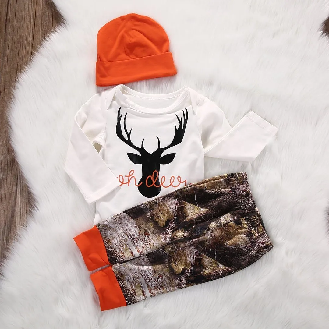 Newborn Baby Boys Long Sleeve Letters Deer Romper Bodysuit Tops Camo Pants with Hat 3 Pcs Outfit Clothes Set