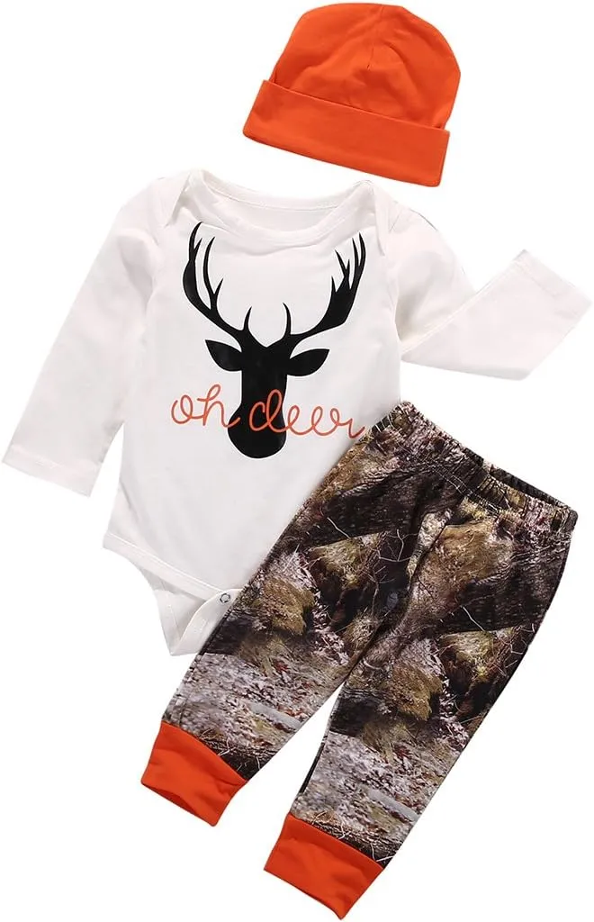 Newborn Baby Boys Long Sleeve Letters Deer Romper Bodysuit Tops Camo Pants with Hat 3 Pcs Outfit Clothes Set