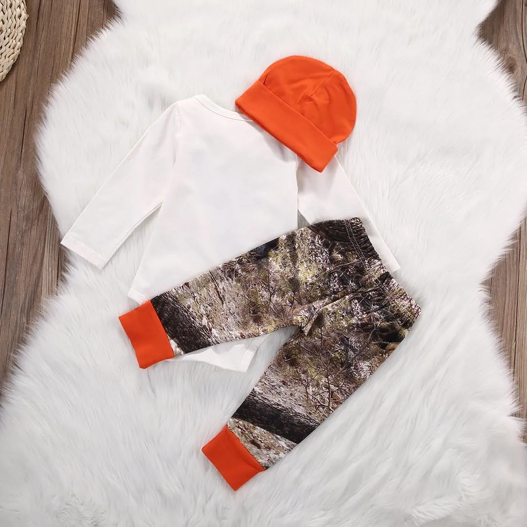 Newborn Baby Boys Long Sleeve Letters Deer Romper Bodysuit Tops Camo Pants with Hat 3 Pcs Outfit Clothes Set
