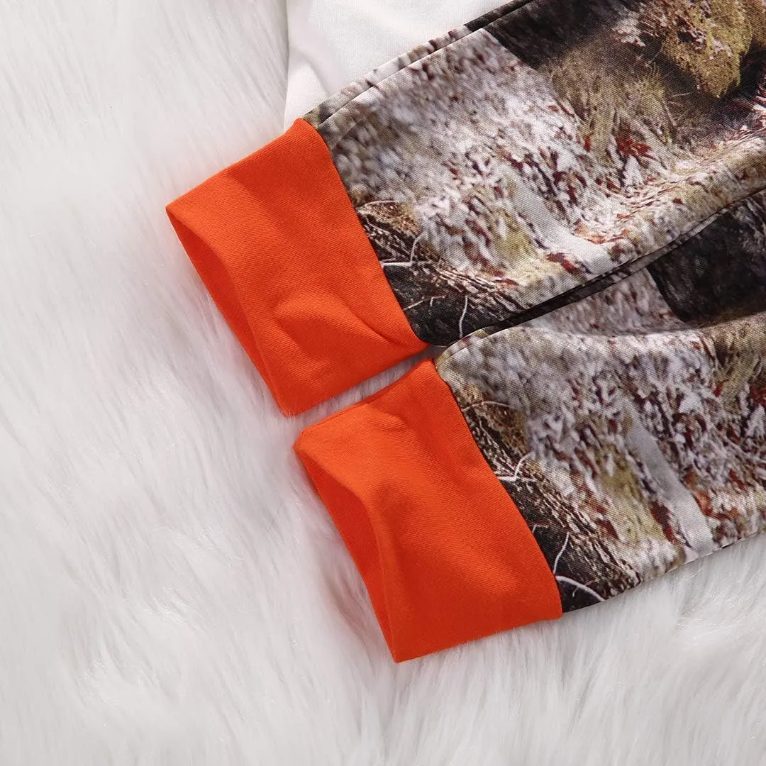 Newborn Baby Boys Long Sleeve Letters Deer Romper Bodysuit Tops Camo Pants with Hat 3 Pcs Outfit Clothes Set