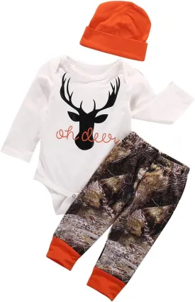Newborn Baby Boys Long Sleeve Letters Deer Romper Bodysuit Tops Camo Pants with Hat 3 Pcs Outfit Clothes Set