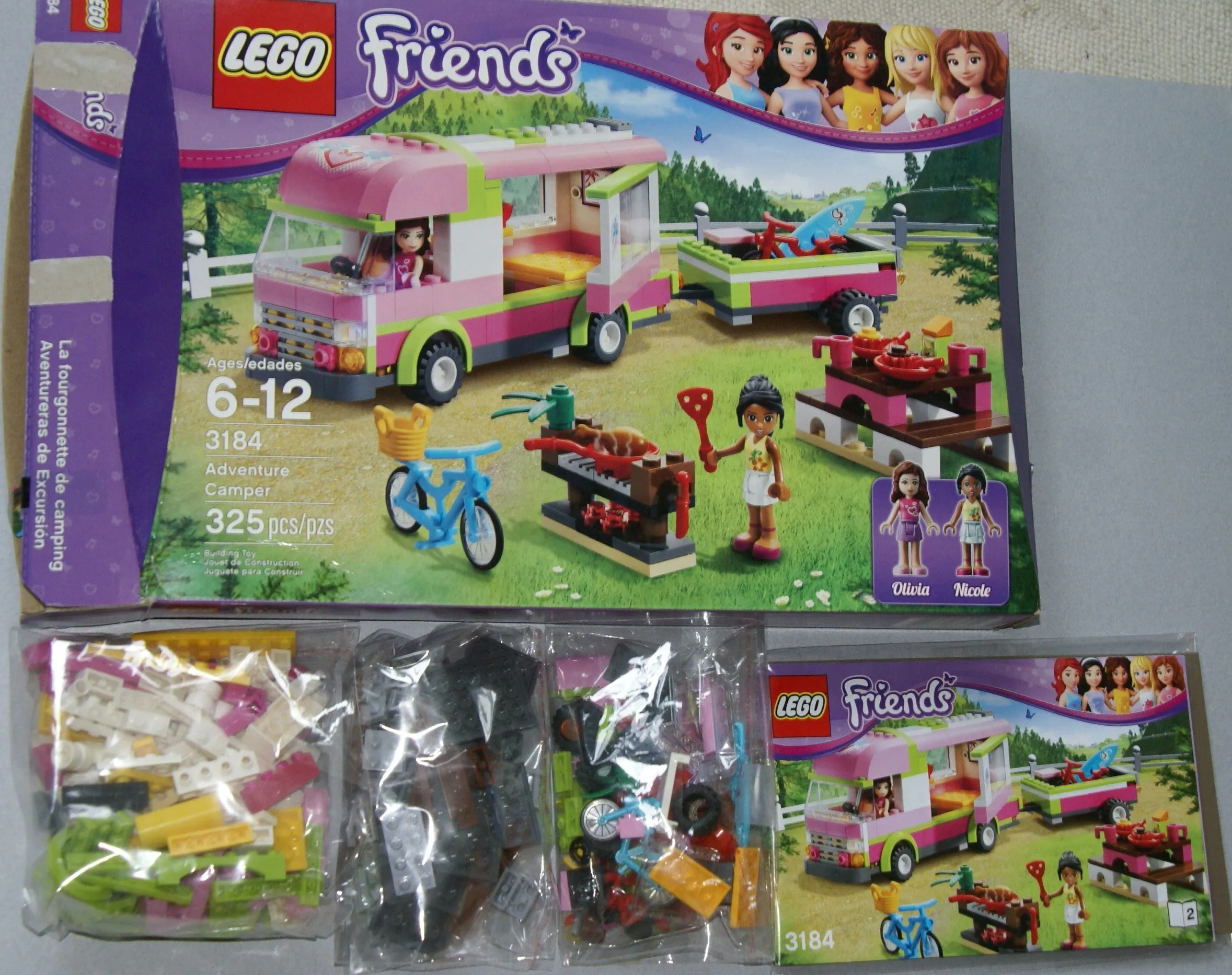 NOW RARE RETIRED LEGO FRIENDS KIT FROM 2012 Adventure Camper, Set 3184, Complete with 2 Minifigures, Olivia & Nicole, 2 Instructions’ Booklets & Box included (325 PIECES) 2 MINIFIGURES, 2 BIKES, SURFBOARD, STICKERS ETC...