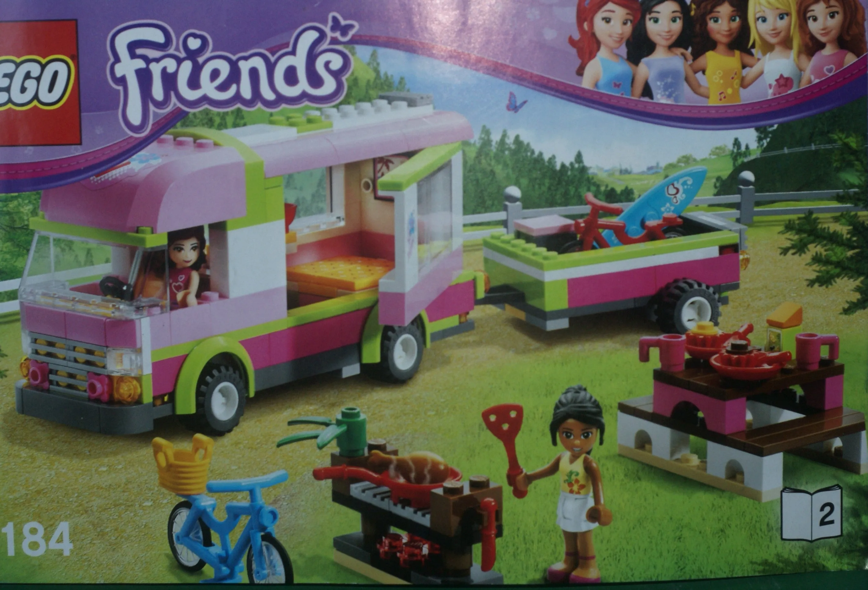 NOW RARE RETIRED LEGO FRIENDS KIT FROM 2012 Adventure Camper, Set 3184, Complete with 2 Minifigures, Olivia & Nicole, 2 Instructions’ Booklets & Box included (325 PIECES) 2 MINIFIGURES, 2 BIKES, SURFBOARD, STICKERS ETC...