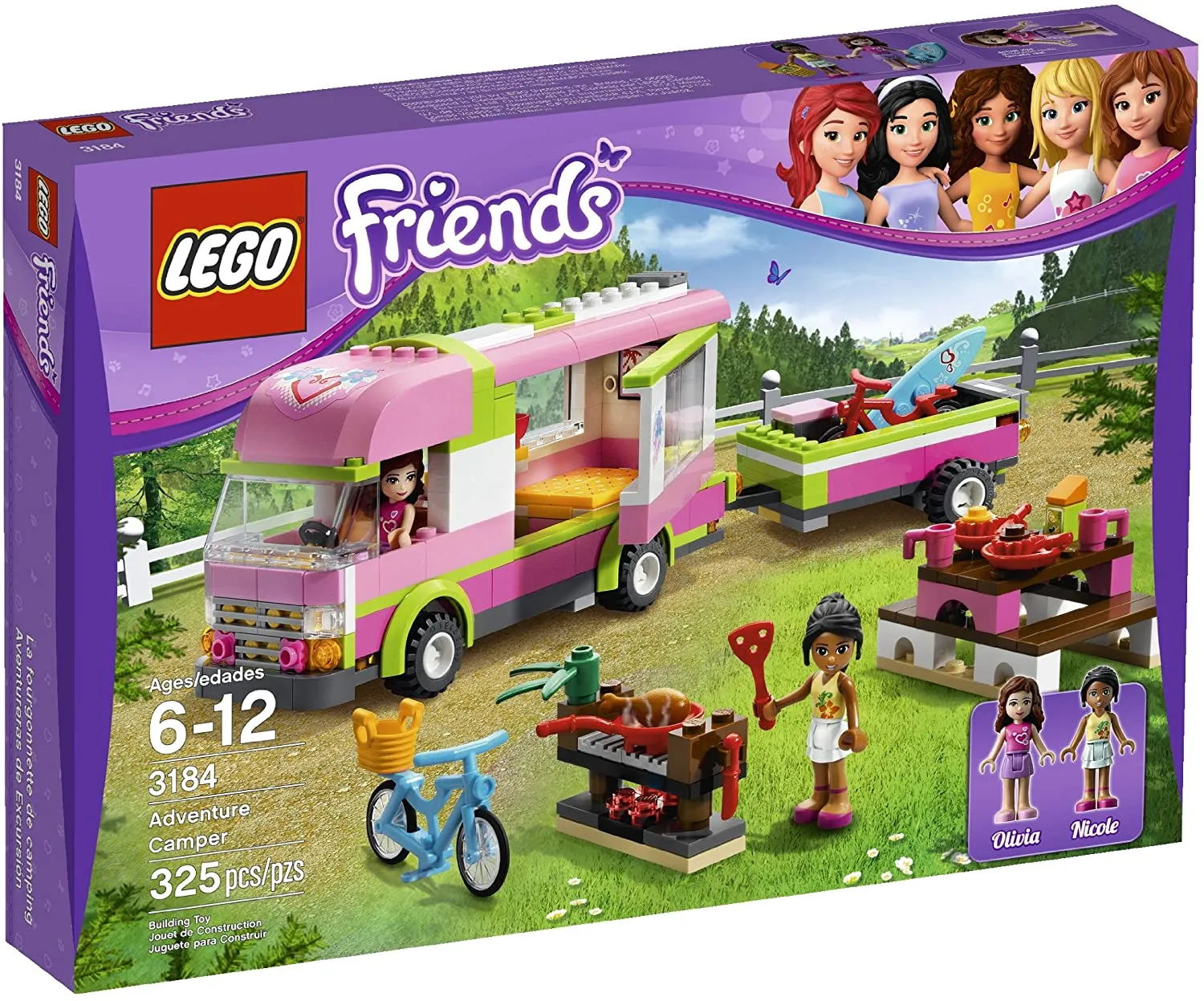 NOW RARE RETIRED LEGO FRIENDS KIT FROM 2012 Adventure Camper, Set 3184, Complete with 2 Minifigures, Olivia & Nicole, 2 Instructions’ Booklets & Box included (325 PIECES) 2 MINIFIGURES, 2 BIKES, SURFBOARD, STICKERS ETC...